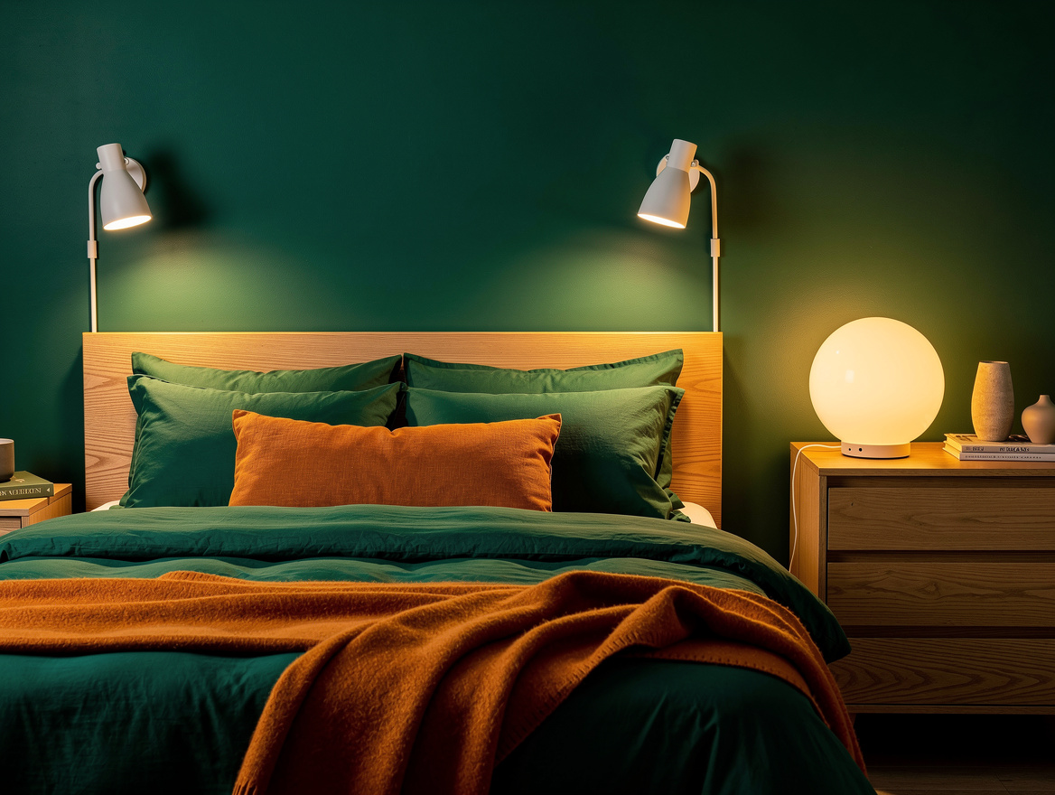 Realistic editorial medium shot of a small bedroom with NYMÅNE-style wall readin