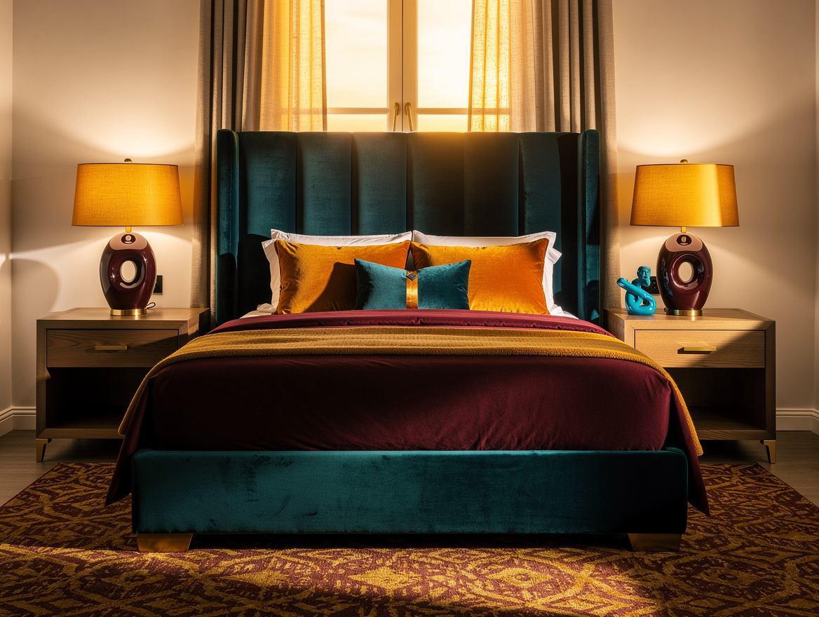 Medium shot of a boutique-hotel-inspired queen bedroom with an upholstered focal