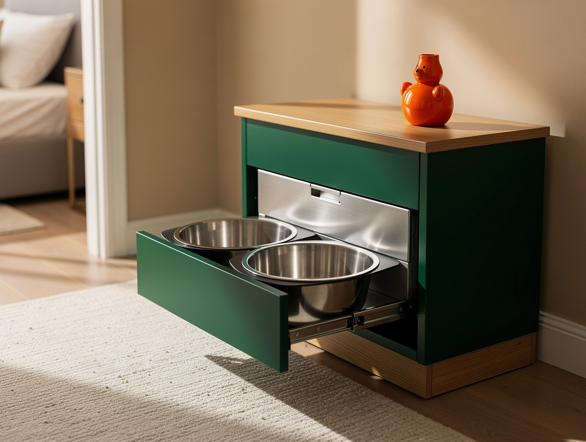 Realistic medium shot of a shallow feeding cabinet with pull-out bowls and a sea