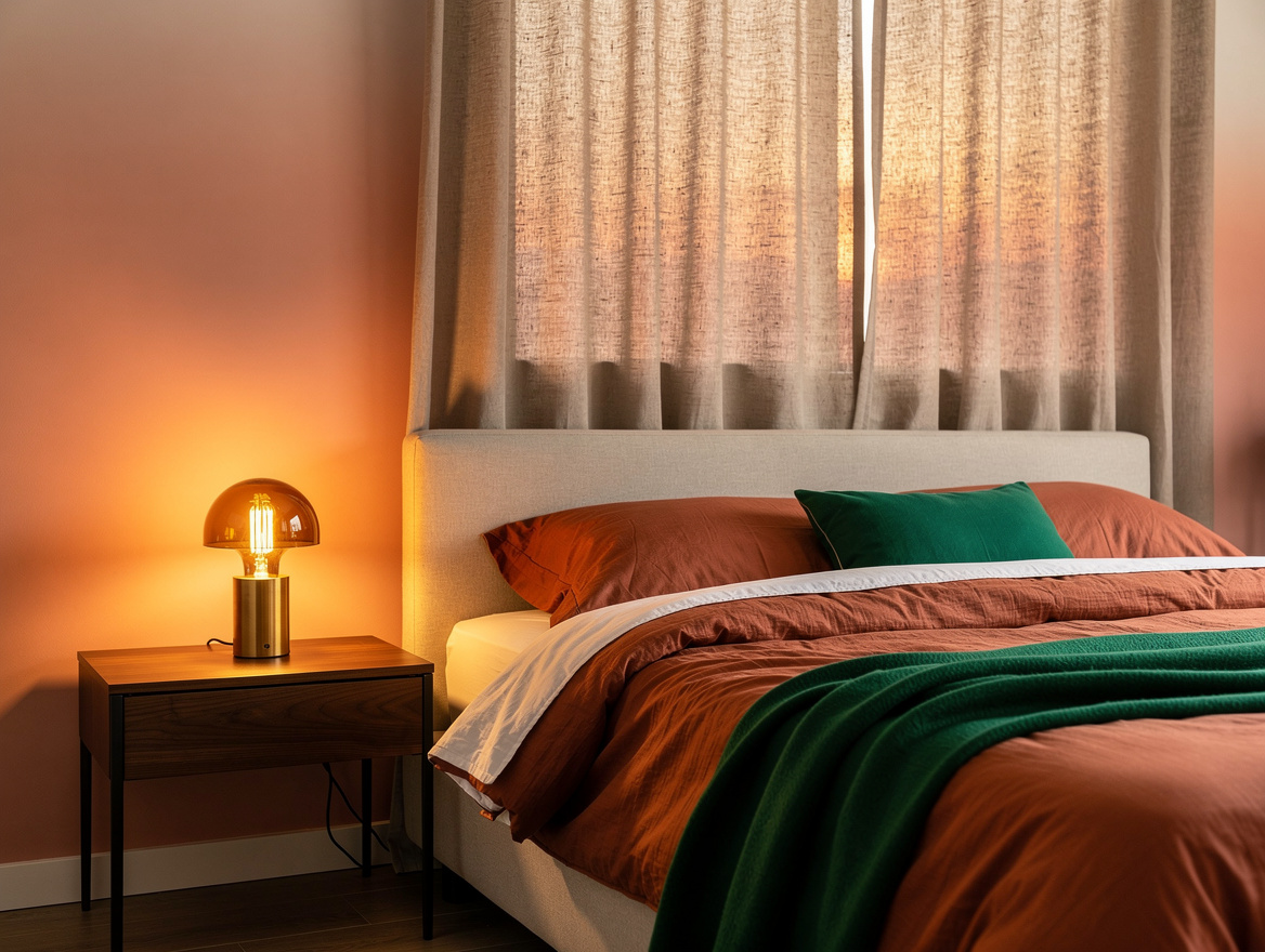 Realistic editorial medium-shot photo of a warm neutral bedroom with blush and t