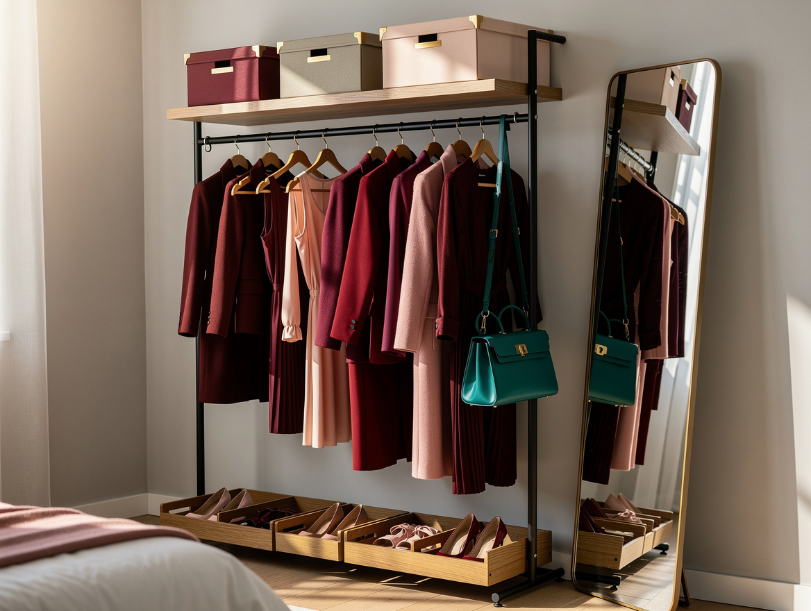 Realistic editorial medium shot of an open wardrobe zone with garment rack, oak