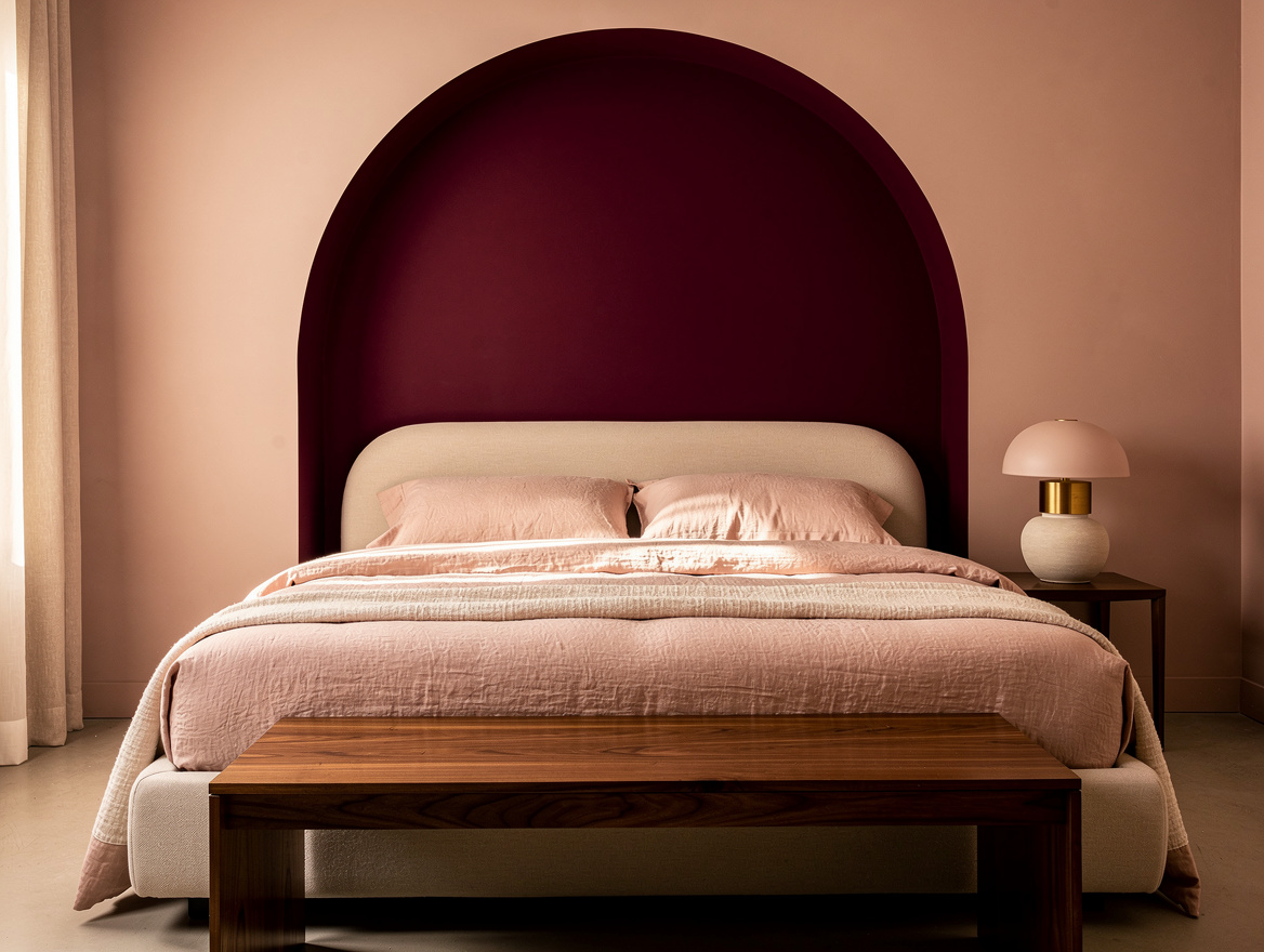 Realistic medium-shot home-decor photo of a bedroom with a shallow painted arch