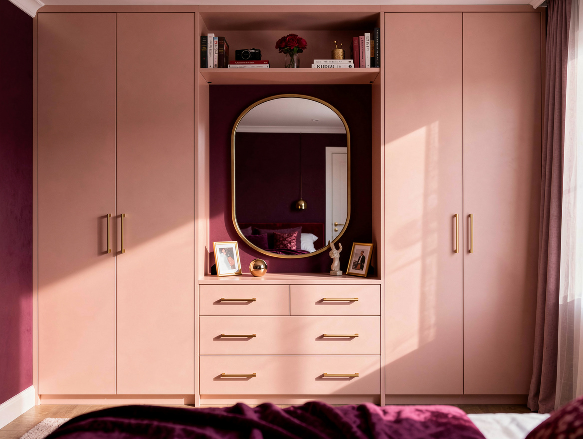Realistic medium-shot home-decor photo of a bedroom storage wall with full-heigh