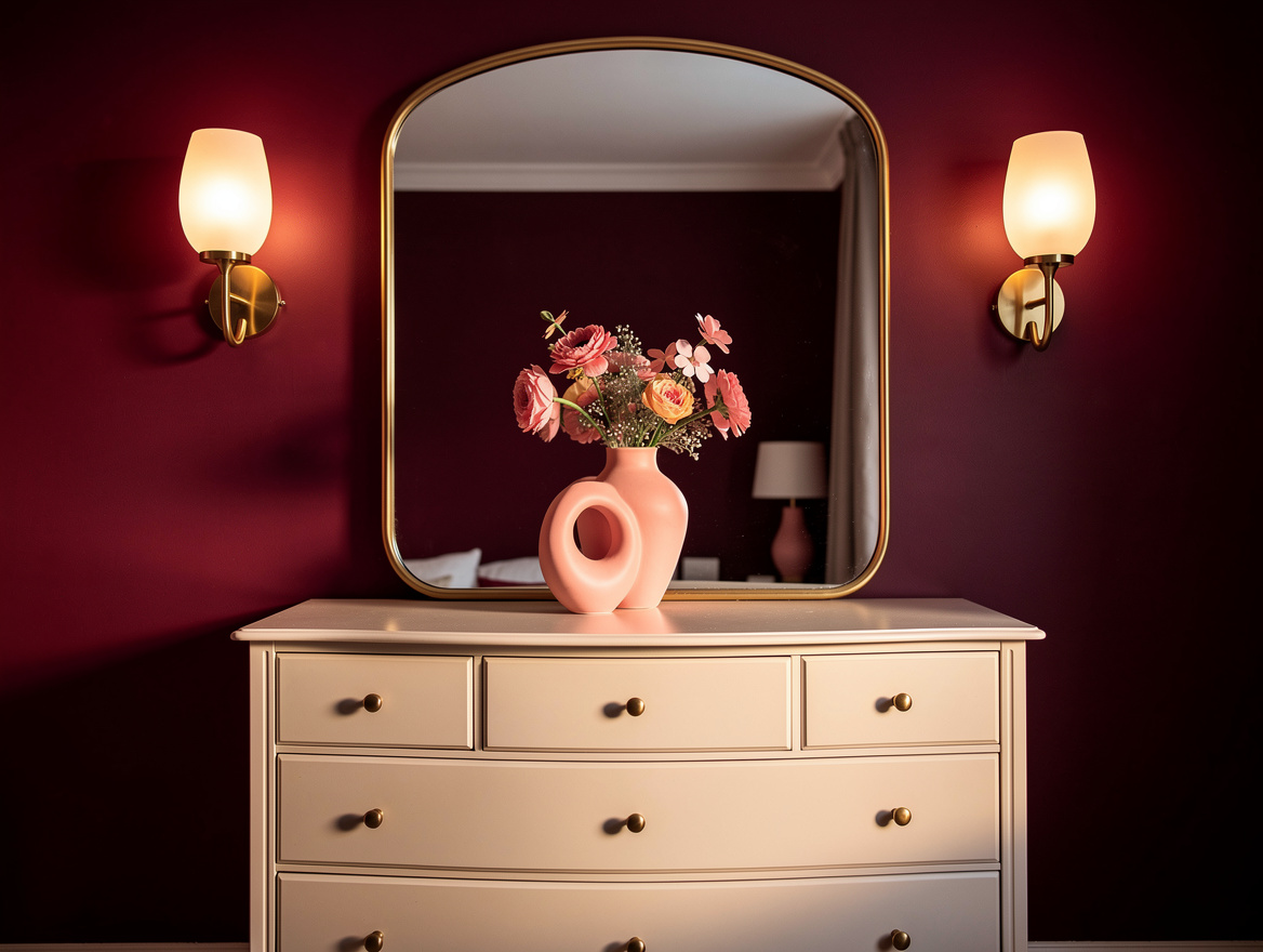 Realistic medium-shot home-decor photo of a dresser with a rounded mirror and tw