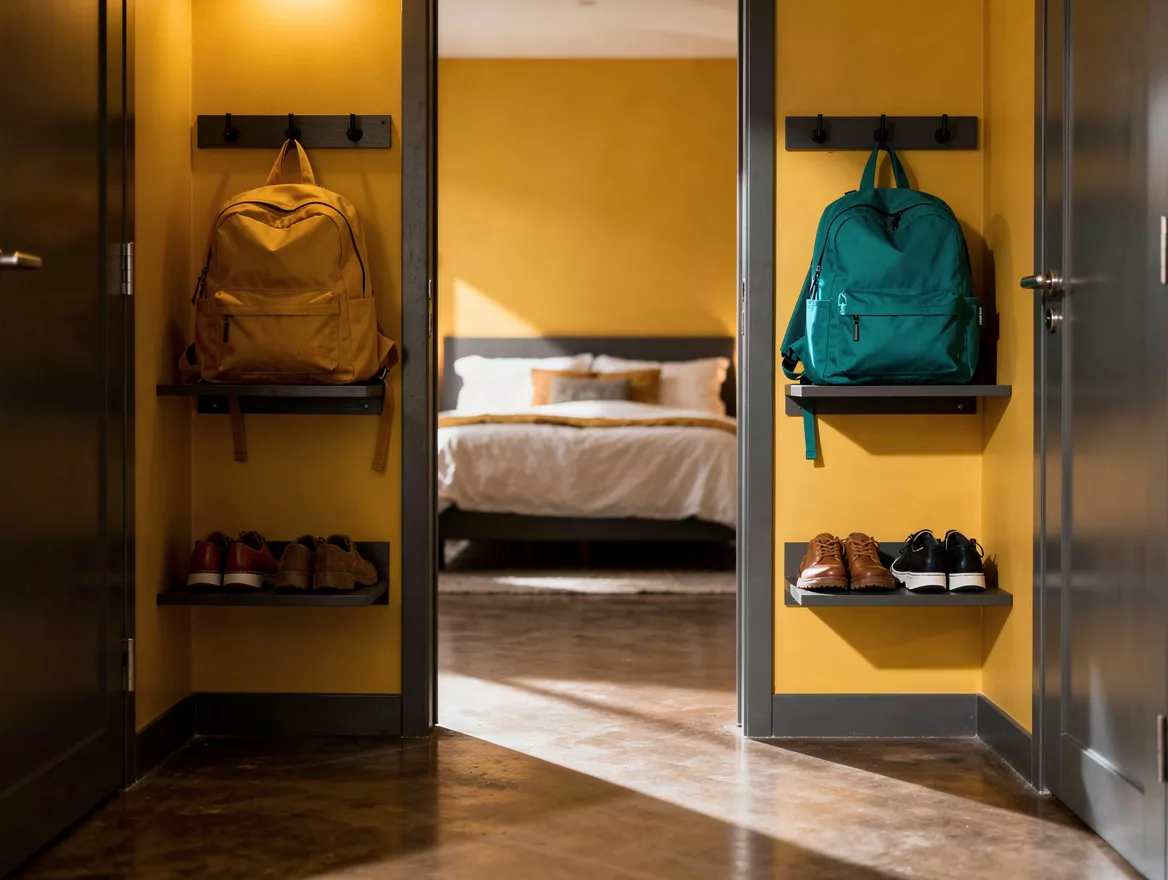 Medium shot of a narrow shared bedroom entrance with two shallow wall-mounted dr