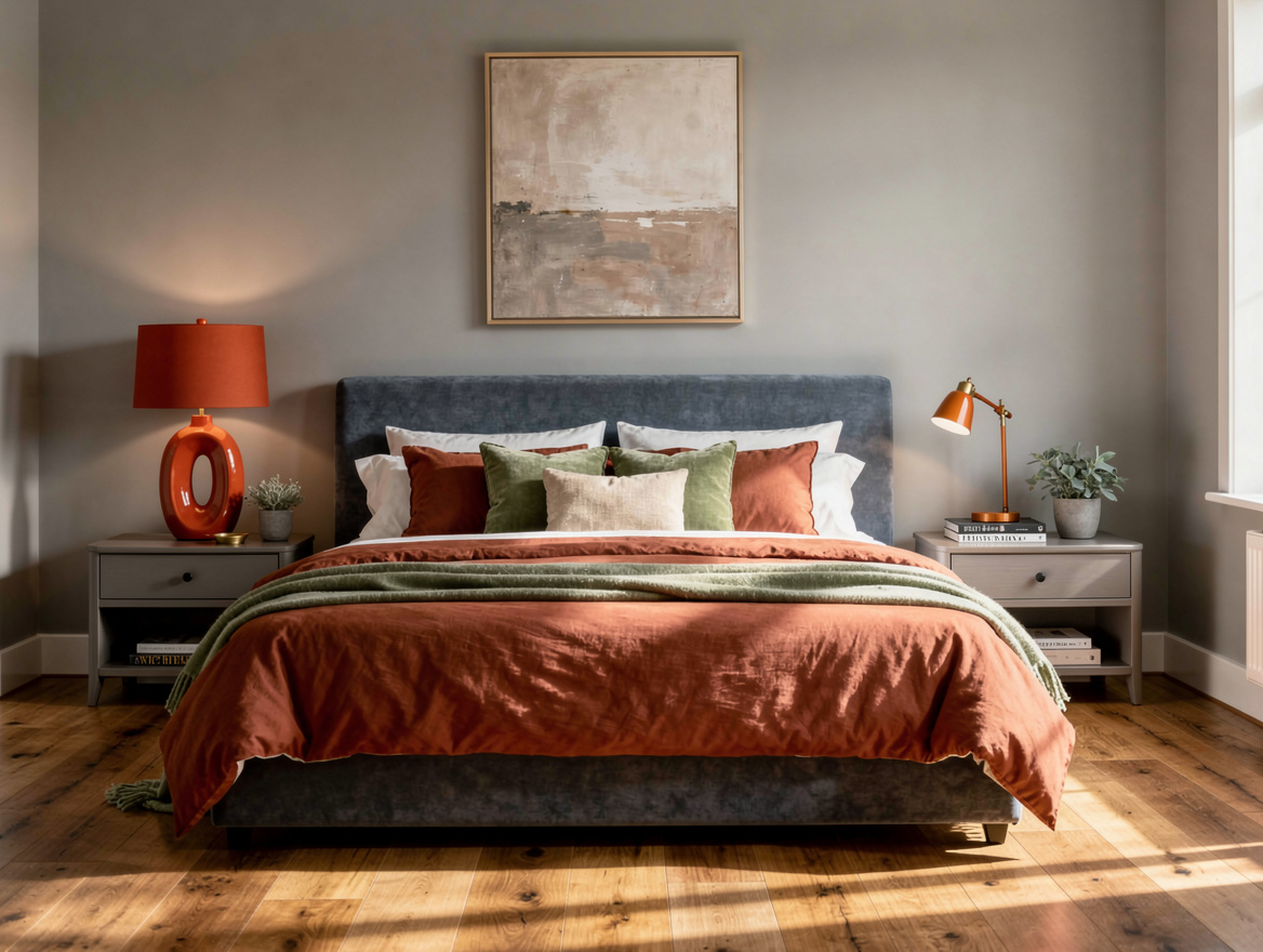 Realistic medium-shot bedroom with honey oak flooring, greige walls, blue-gray h
