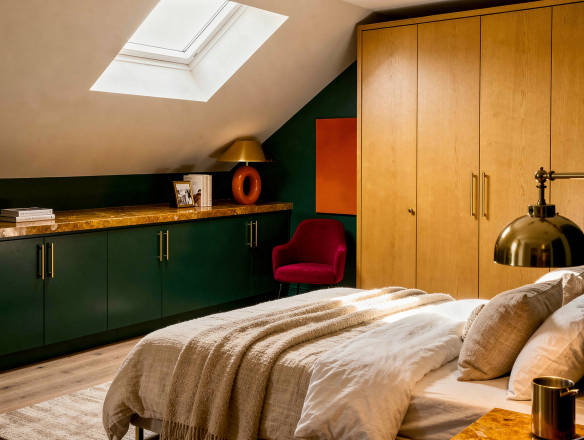 Realistic medium-wide home-decor photo showing a bedroom with a sloped ceiling,