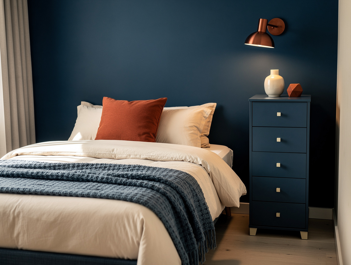 Realistic medium-shot home-decor photo of a small bedroom showing a 140 cm round