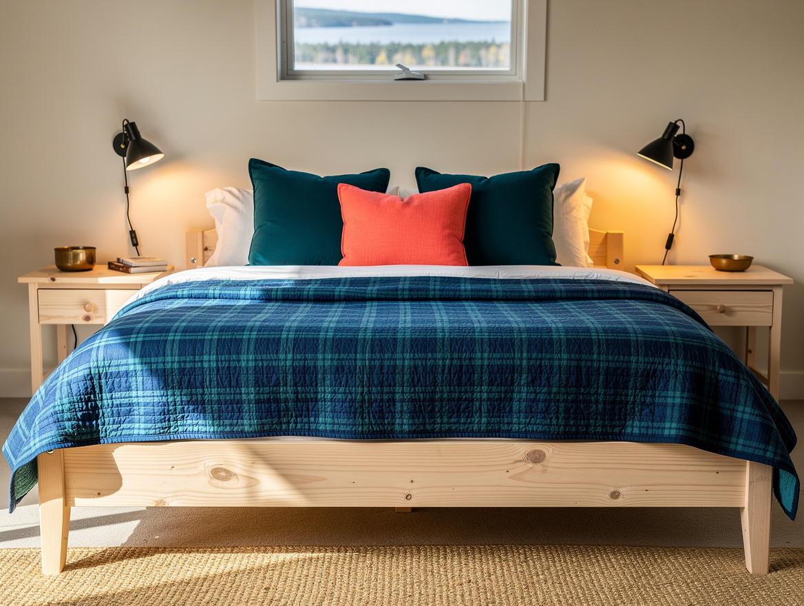 Realistic editorial medium-shot photo of a lake house bedroom with a pale pine p