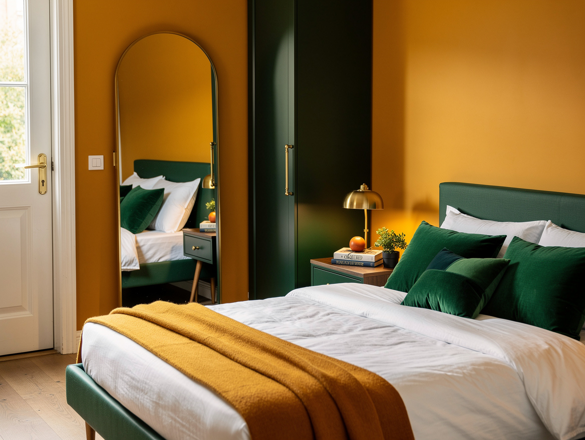 Realistic medium shot of a compact guest bedroom showing a 65-inch arched mirror