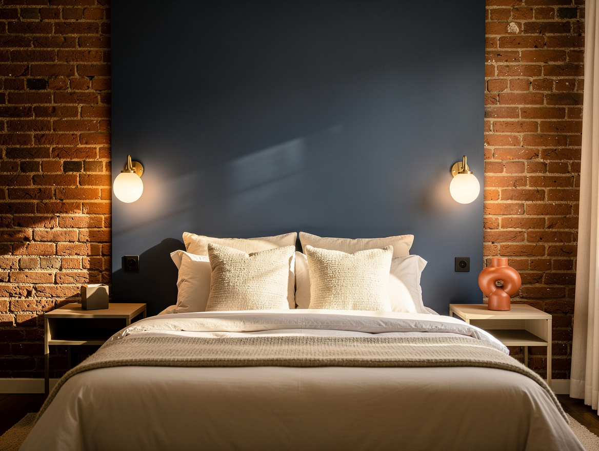 Realistic medium shot of an exposed brick bedroom with two adjustable bedside sc