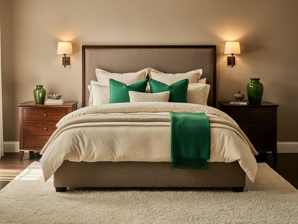 Realistic medium-shot home-decor photograph of a queen bedroom with a taupe upho