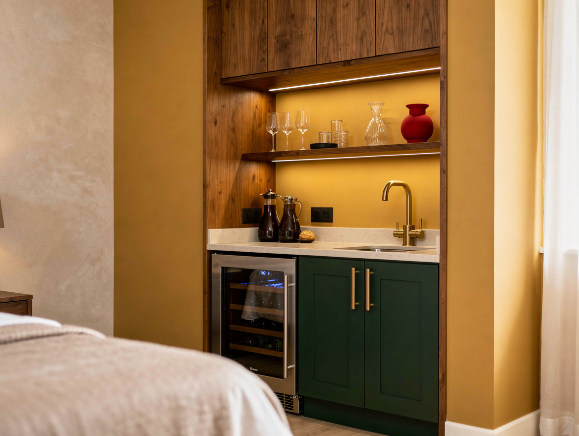 Realistic medium shot of a compact 60-inch bedroom hydration alcove with paneled
