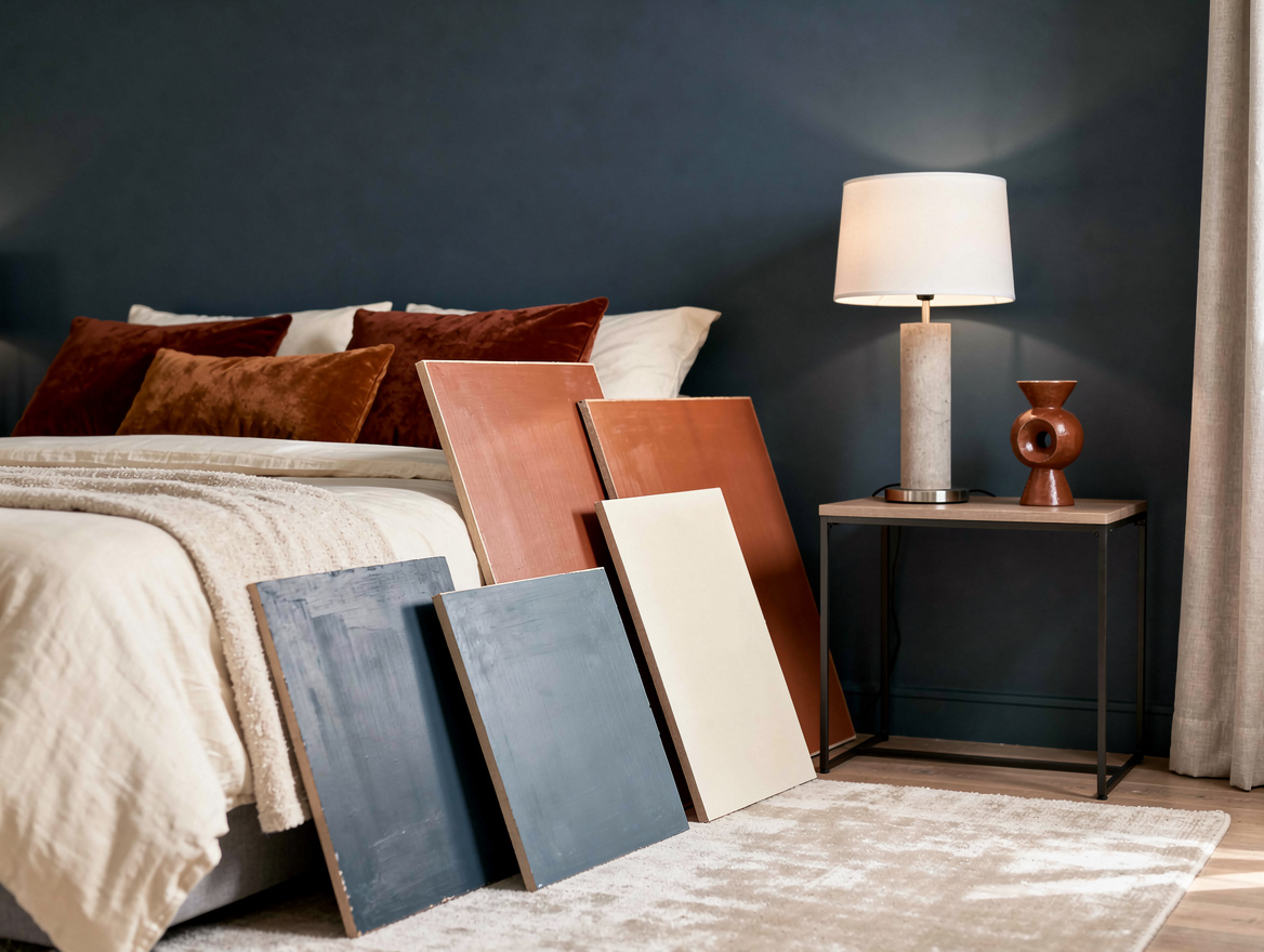 Realistic medium-shot home-decor photo of a bedroom with painted sample boards l