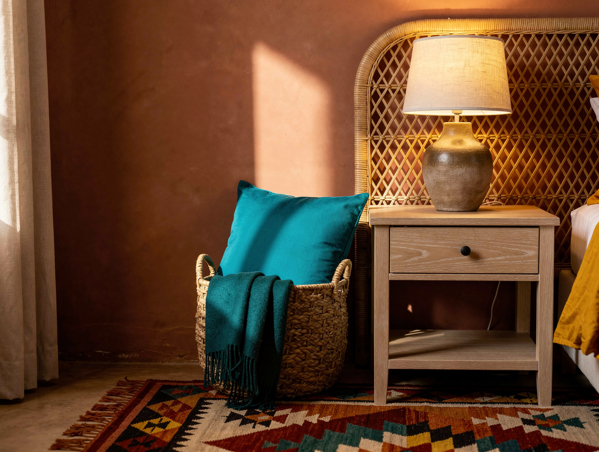 Realistic medium shot of a Southwestern bedroom corner with rattan headboard, pa