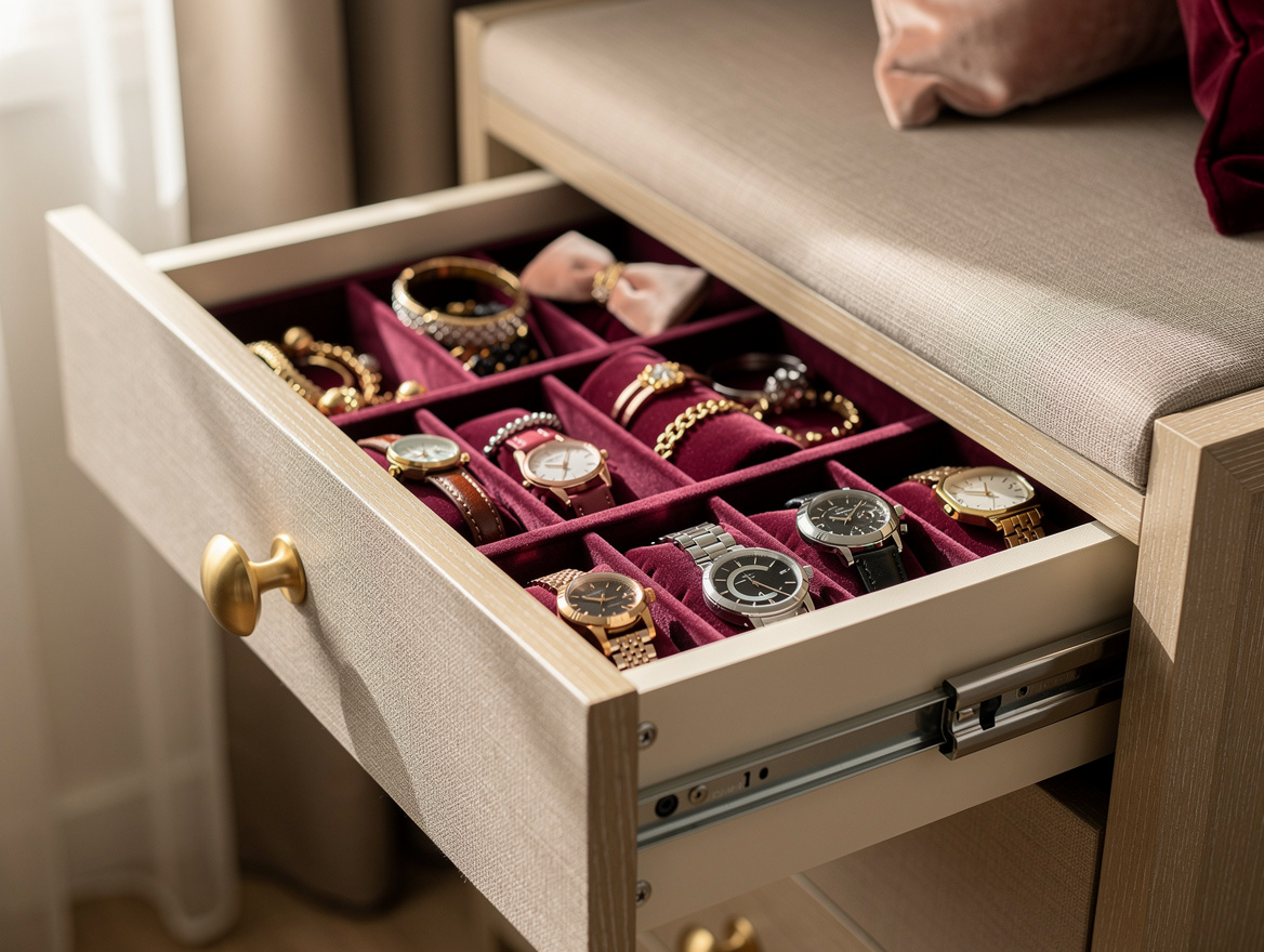 Medium realistic photo of an open small bedroom drawer with removable jewelry tr