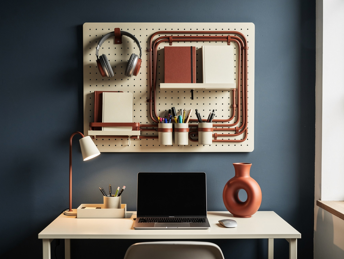 Realistic medium-shot home-decor photo of a compact desk with a square pegboard