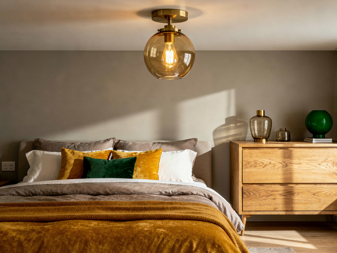 medium shot of a small brushed-gold glass globe flush mount on a low bedroom cei