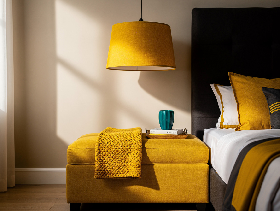 Medium shot of a primary bedroom foot-of-bed area, a wide fabric pendant centere