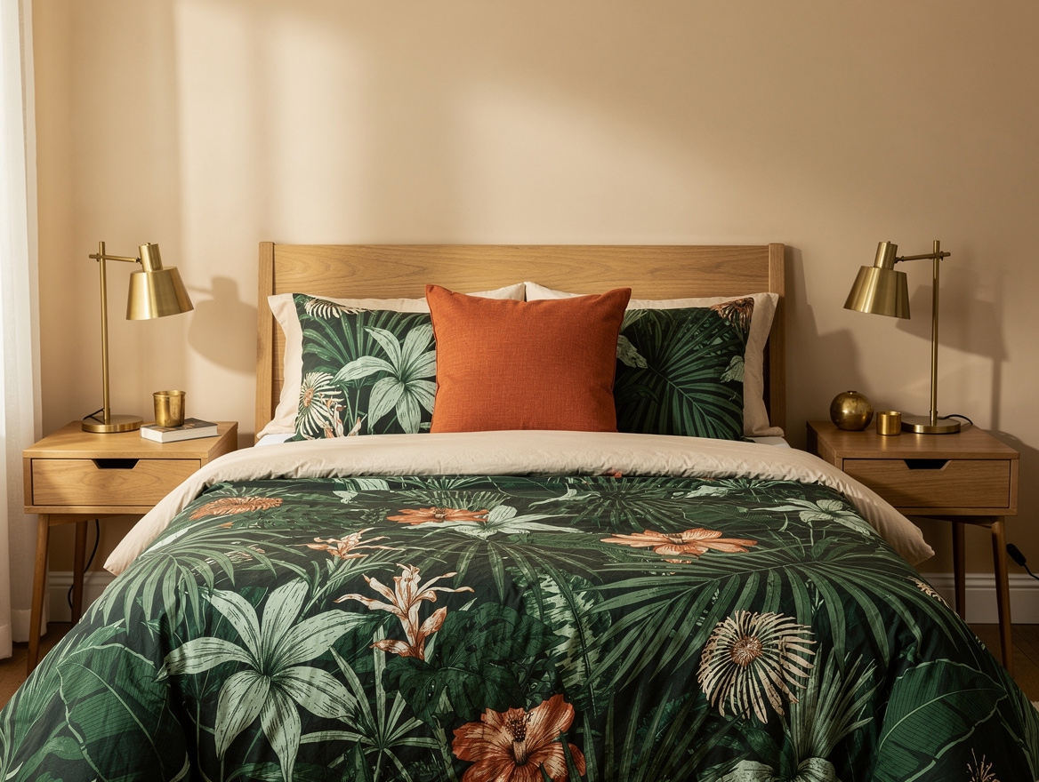 Realistic medium-shot home-decor photo of a beige bedroom with a floral green du