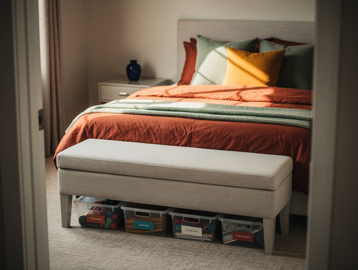 Realistic editorial medium shot of a small bedroom with a storage bench at the f