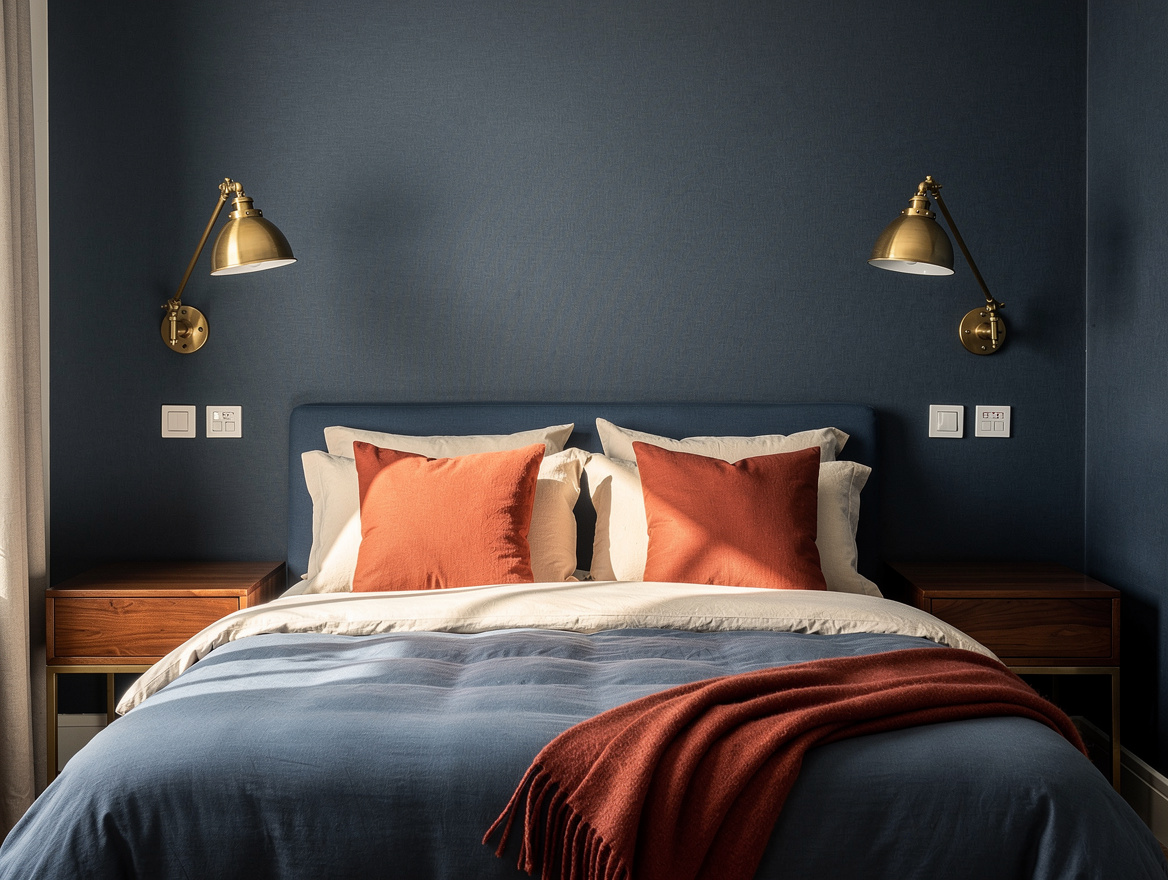 Medium-shot editorial bedroom photograph of a queen bed framed by matching aged