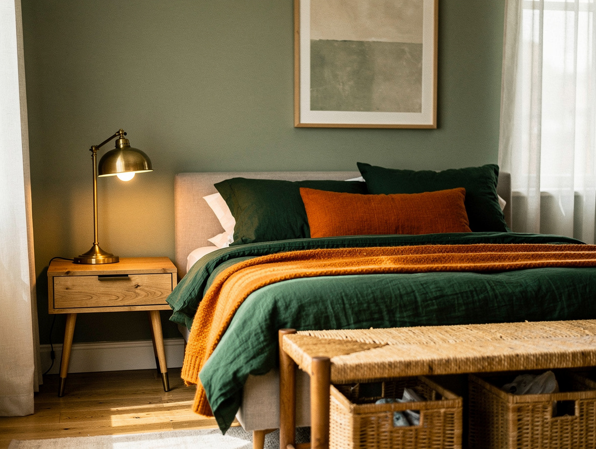 Medium-shot home-decor photograph showing a south-facing bedroom with green-gray