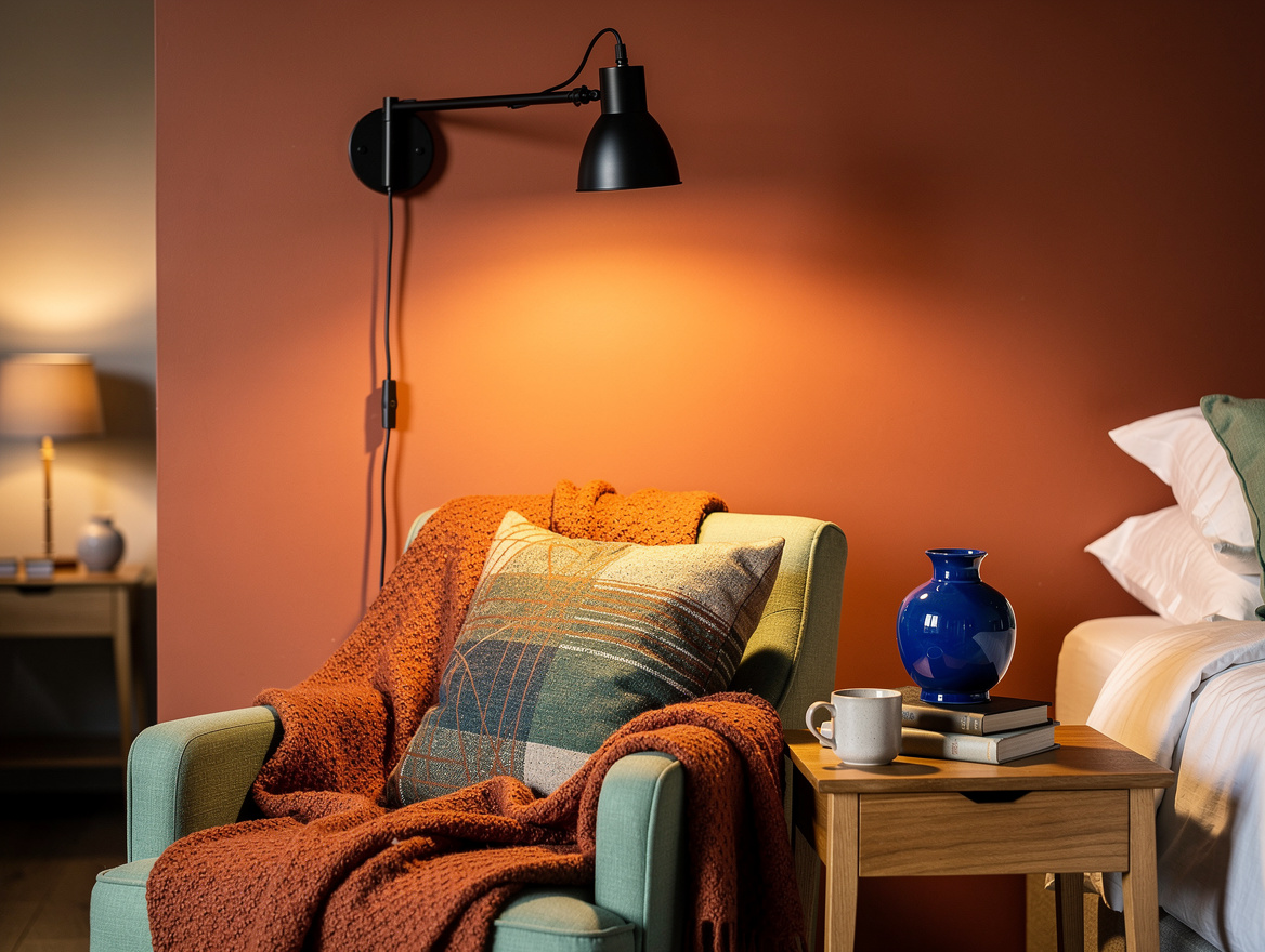 Medium view of a compact bedroom reading nook with plug-in black swing-arm wall