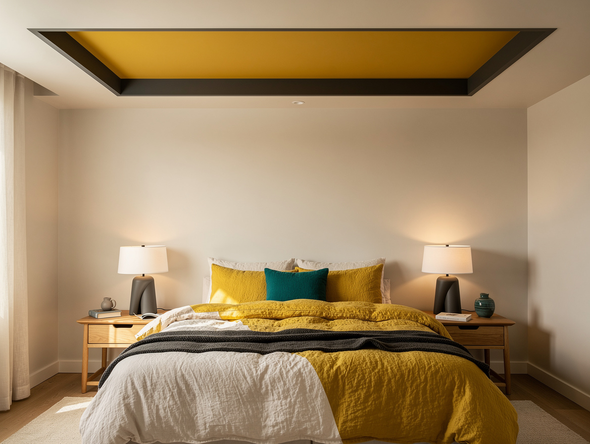 Medium-angle photo of a warm-minimal bedroom with a shallow painted tray ceiling