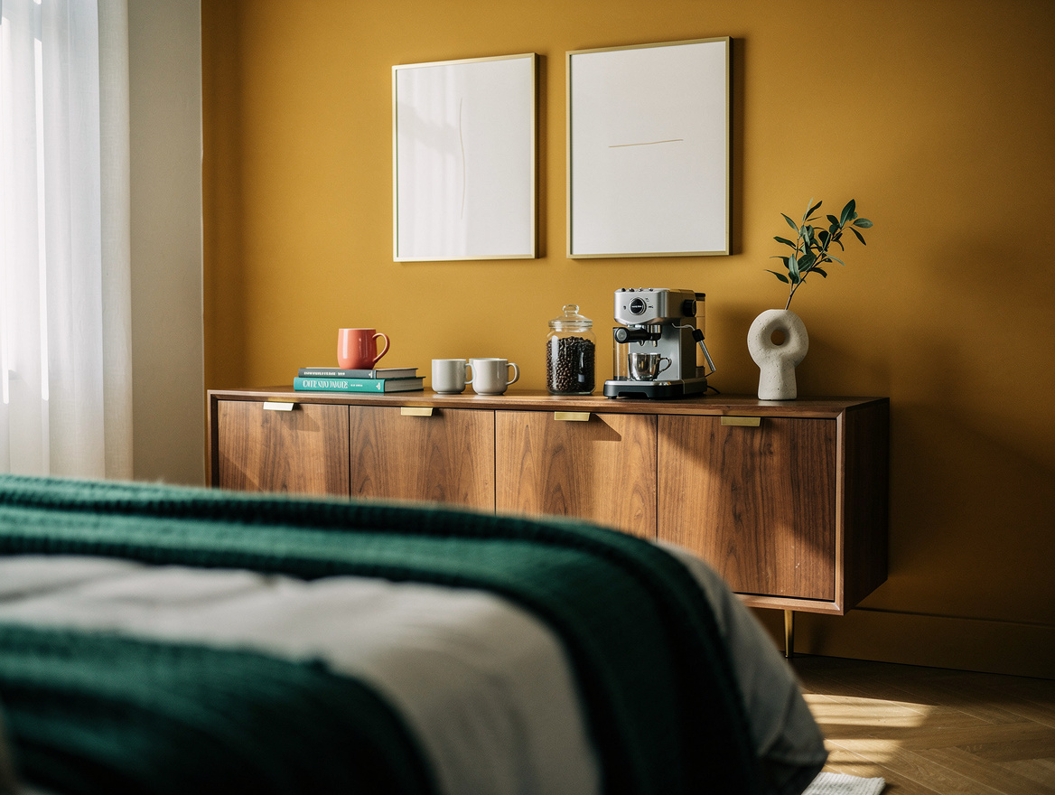 Medium-angle editorial photo of a low walnut sideboard coffee bar along a primar