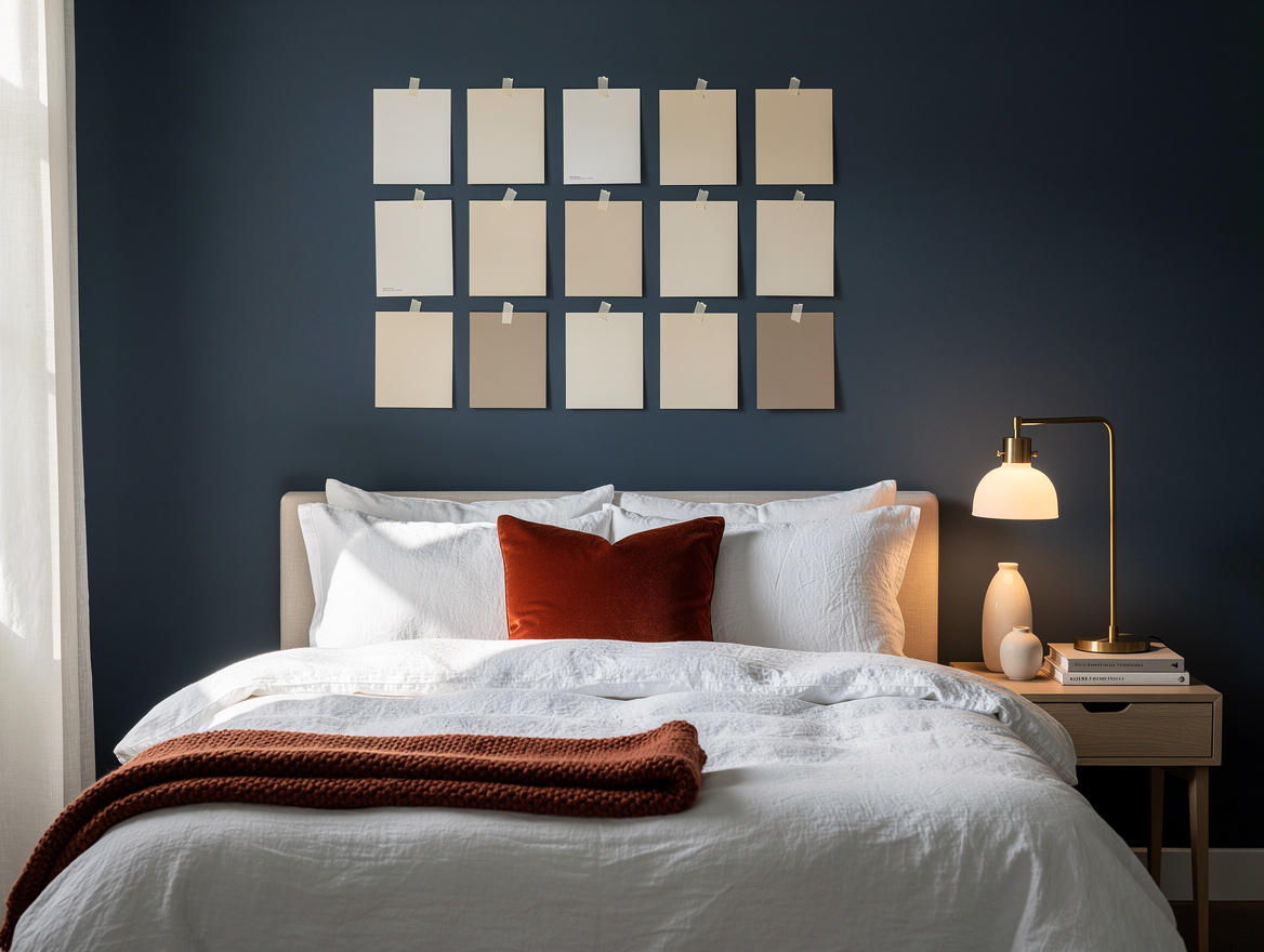 Medium shot of a north-facing bedroom with a white linen bed, brass lamp, neutra