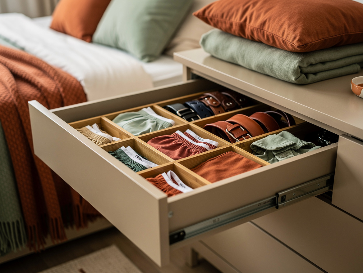 Medium-view editorial photograph of a dresser drawer with fabric underwear compa