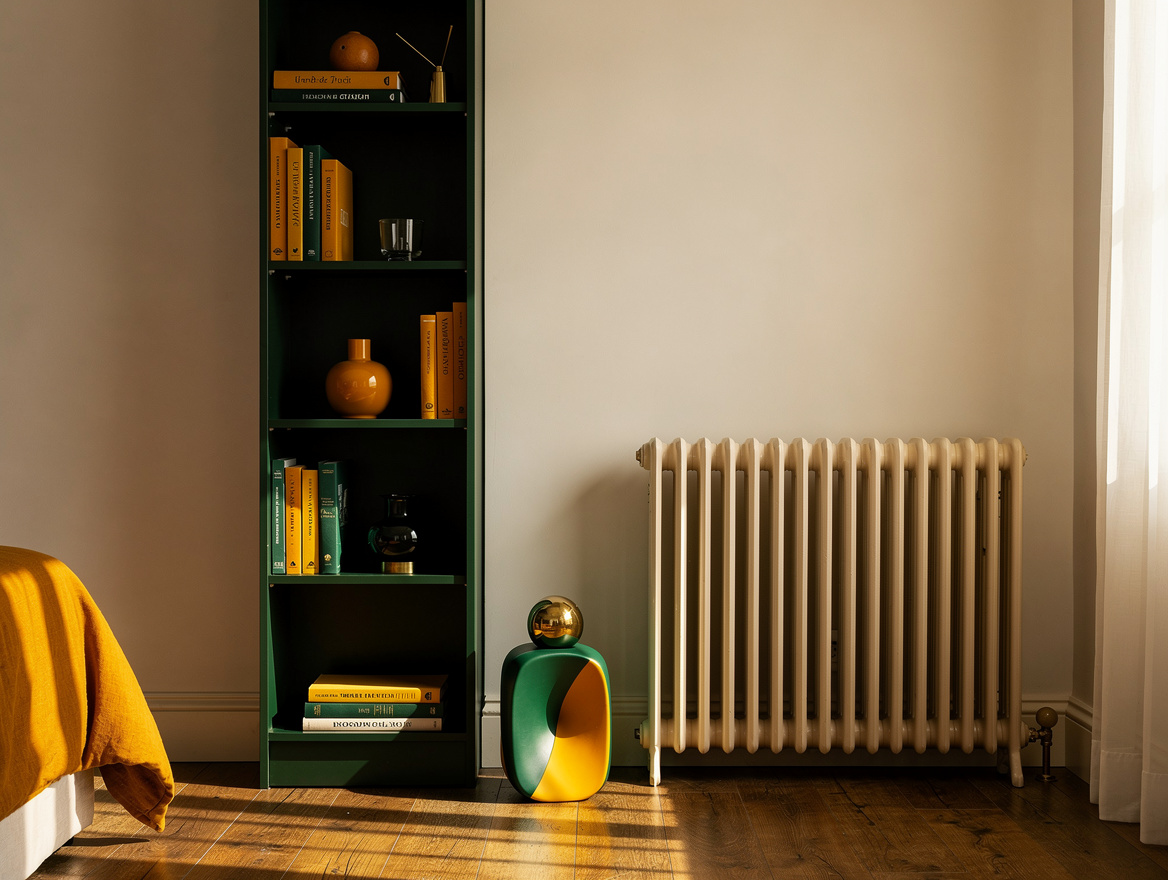 Medium shot of a compact bedroom corner showing a narrow tall bookcase against a