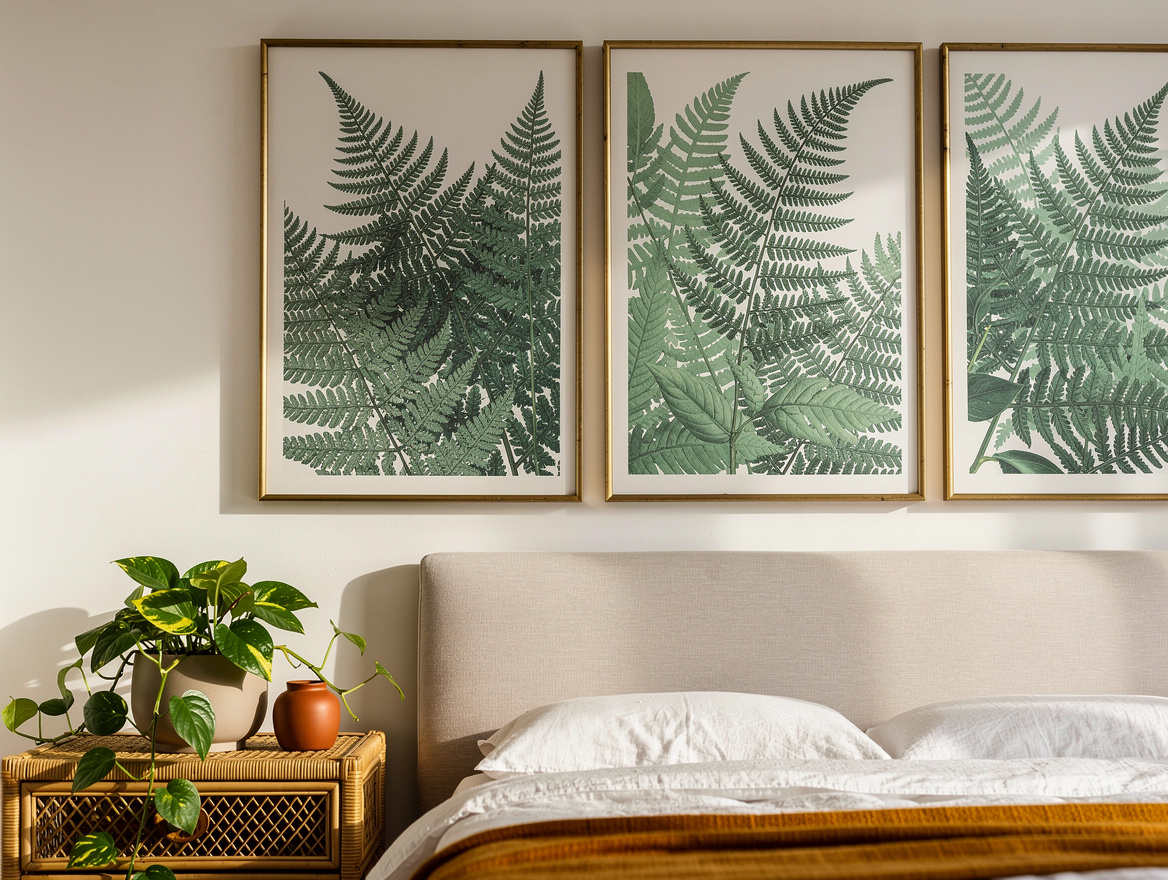 medium shot of a bedroom wall above a headboard with two large framed botanical