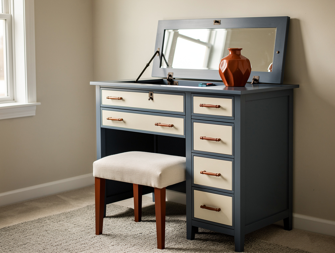 medium editorial shot of a narrow flip-top vanity with the lid open revealing an