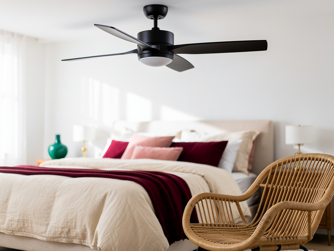medium shot of a low-profile matte black ceiling fan mounted tight to an 8-foot