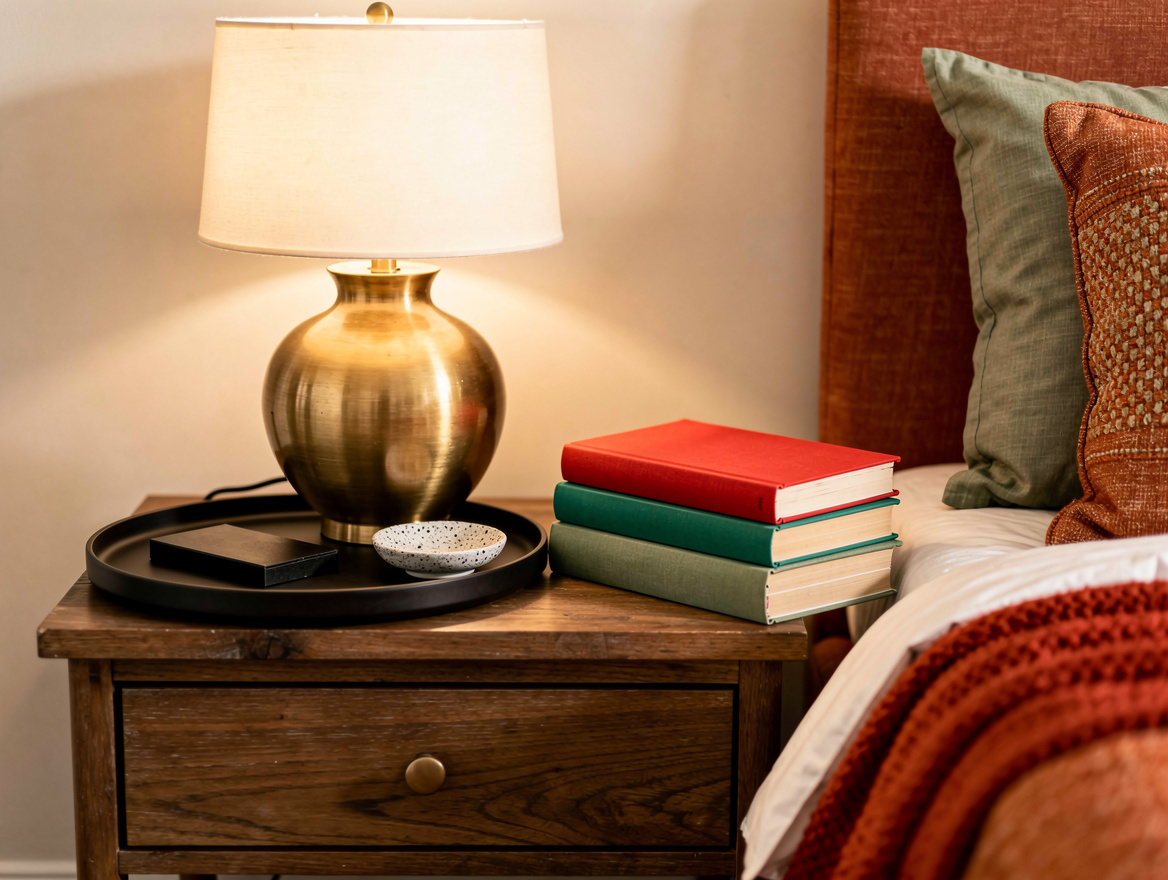 medium shot of a bedroom nightstand vignette with a brass table lamp, matte blac