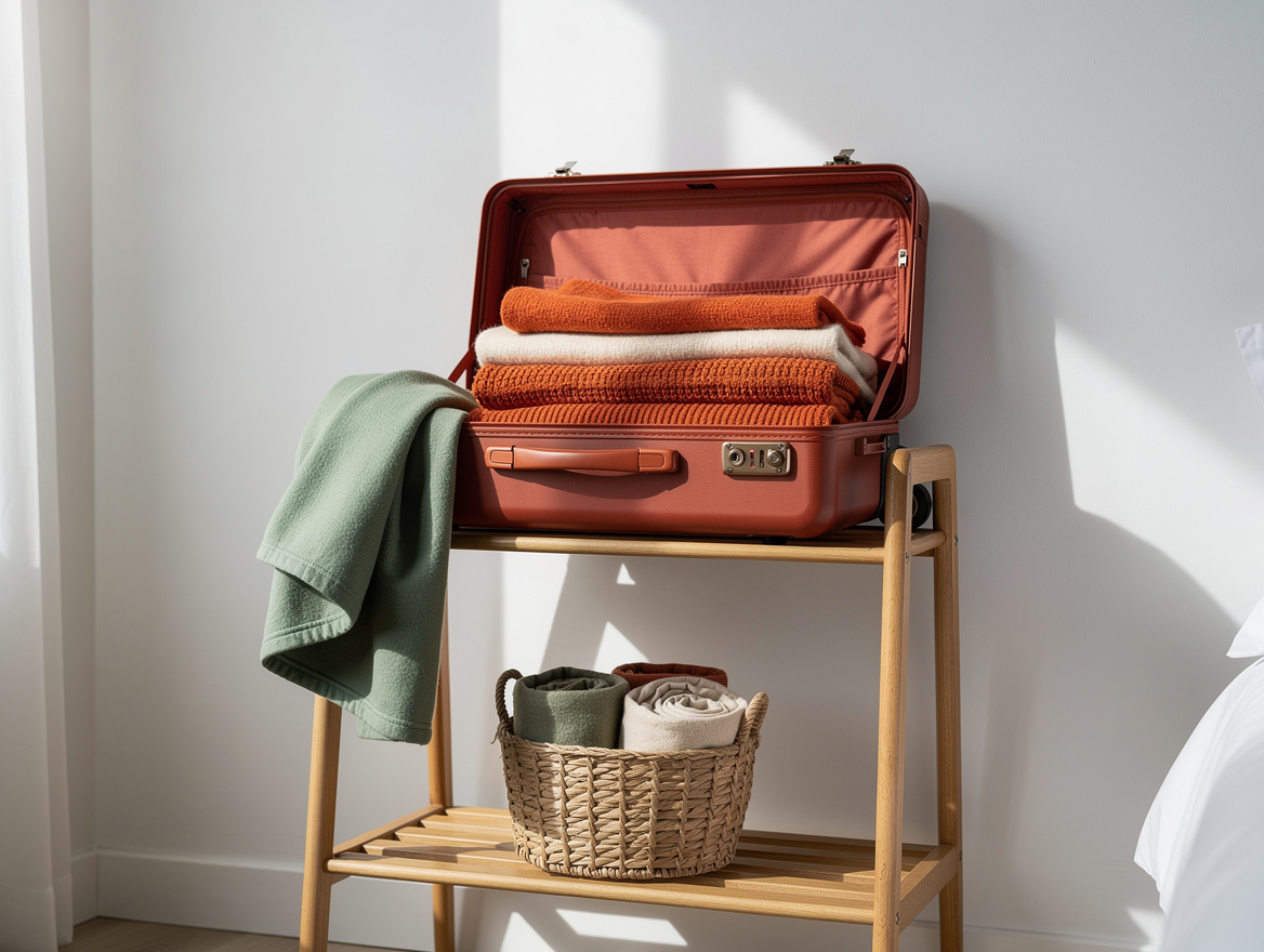 Medium shot of a white bedroom wall with a wood luggage rack holding an open car