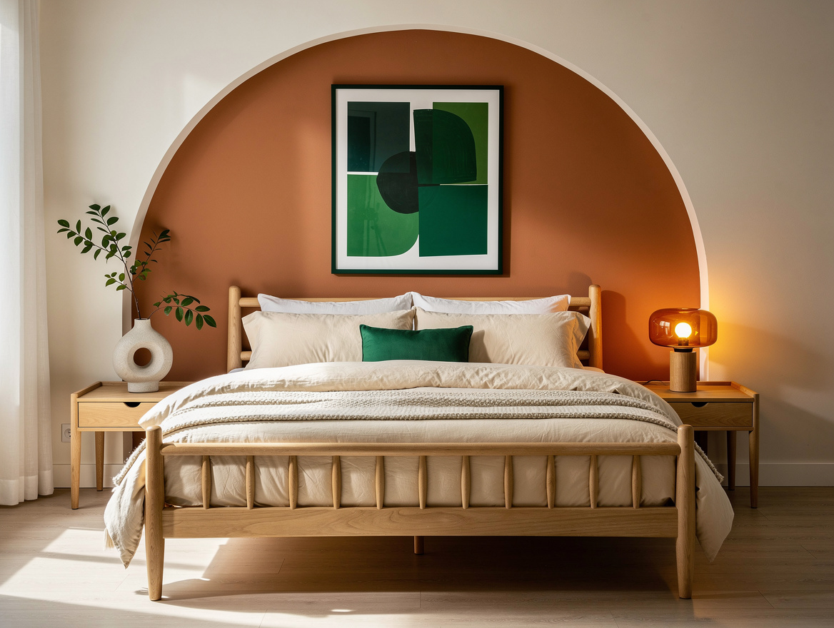 Medium view of a bedroom with a broad clay-colored painted arch behind a light o