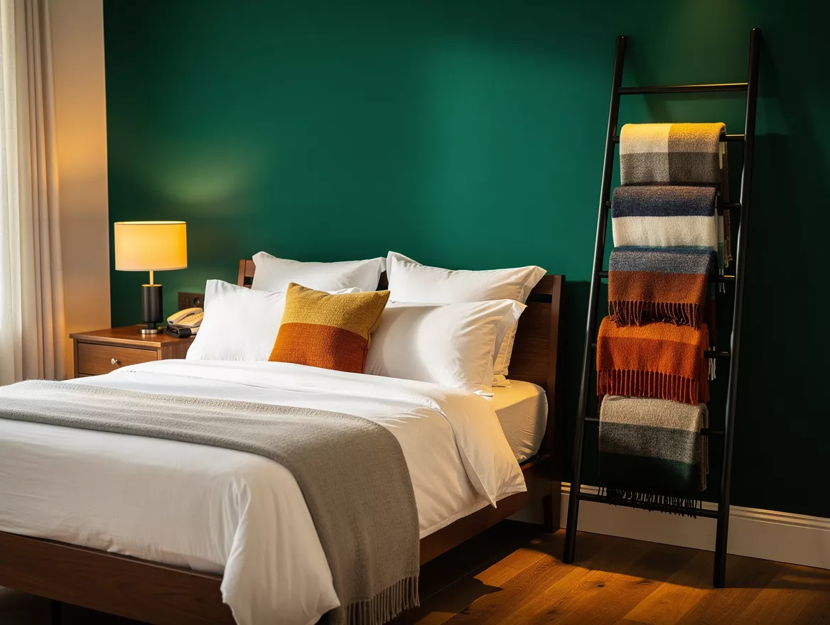 Medium-shot editorial photograph of a calm guest bedroom with white bedding and