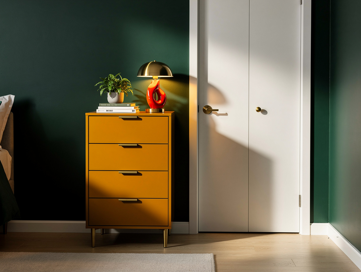 Realistic medium shot of a narrow five-drawer dresser on a small bedroom wall be
