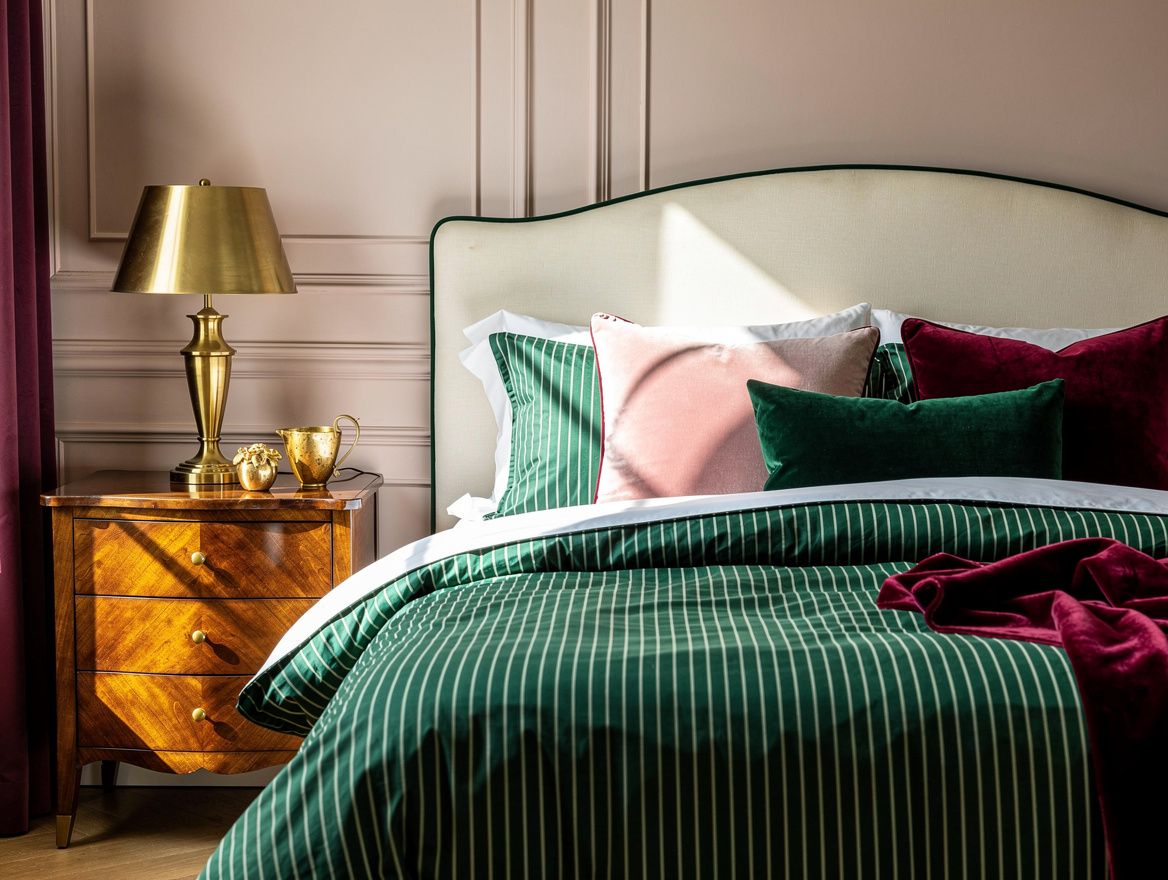 Medium view of a classic preppy bedroom with a cream upholstered bed, forest-gre