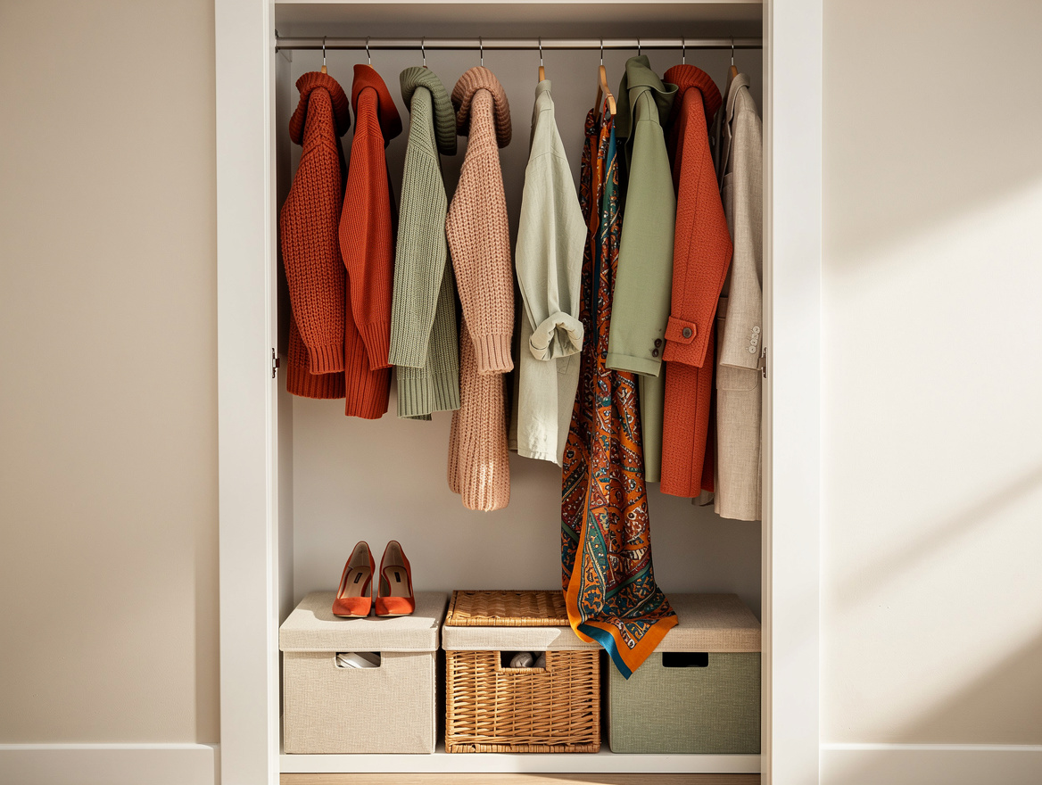Medium view of a compact reach-in closet with current-season clothes at eye leve