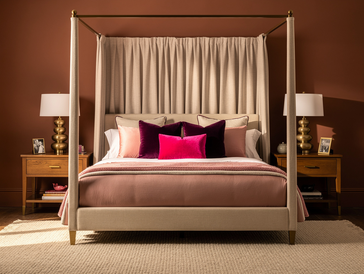 Medium-view editorial bedroom photo with upholstered oatmeal canopy bed, matchin