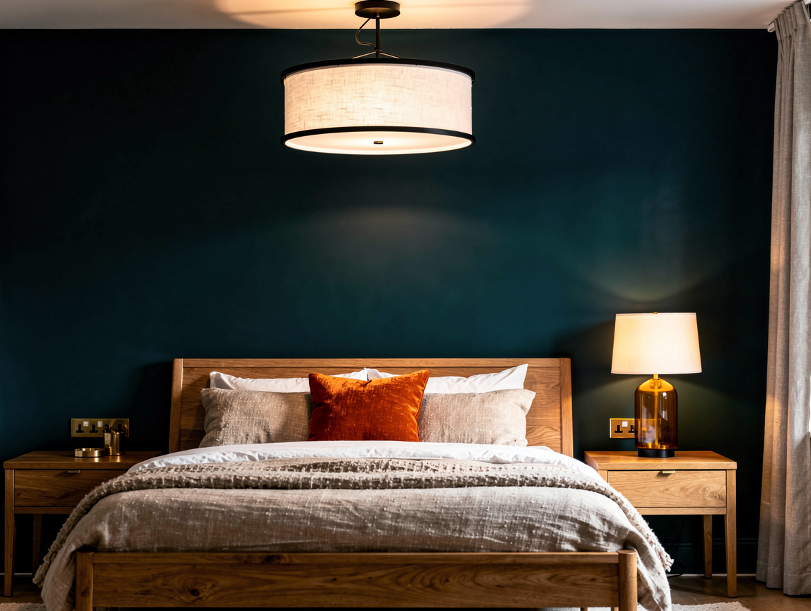 Medium shot of a cozy bedroom with a black steel and white linen semi-flush ceil