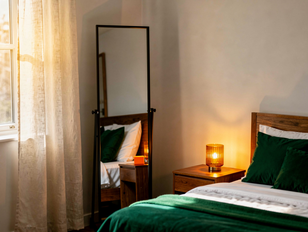 Realistic medium-shot photo of a compact bedroom with a narrow black metal mirro