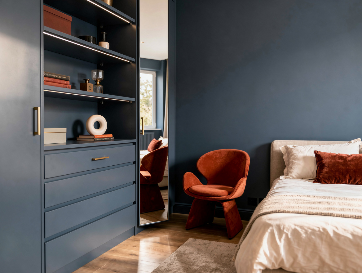 Realistic medium shot of a narrow bedroom with wall-mounted powder-coated steel