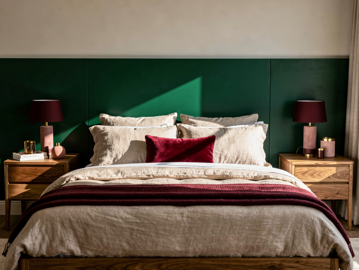 Medium shot of a king bed centered on a wide deep green painted headboard band,