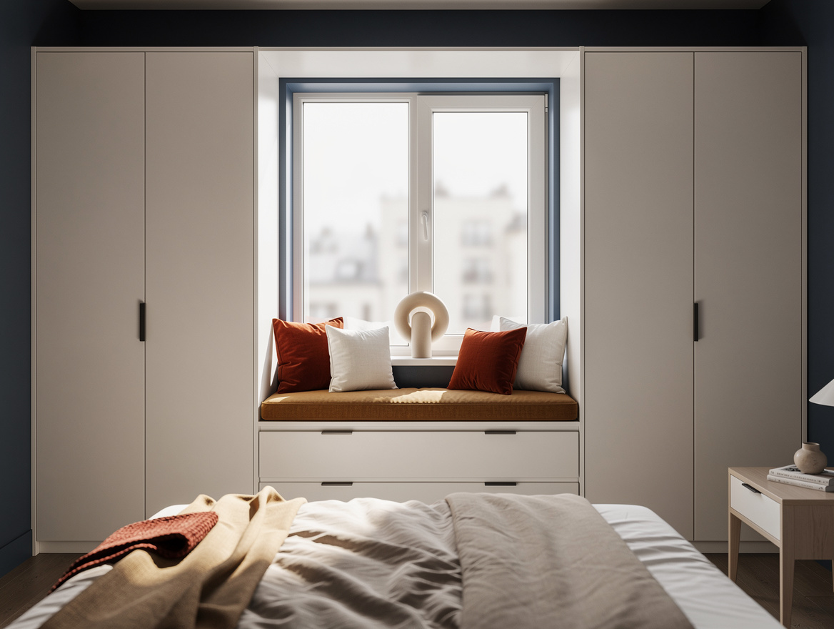 Realistic medium-shot interior photo of a compact bedroom wardrobe wall with mod