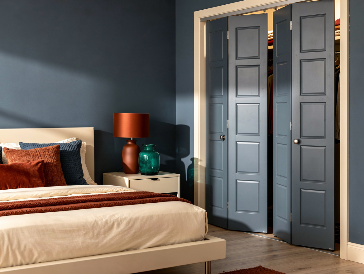 Medium-shot realistic photo of a small bedroom with smooth painted bifold closet